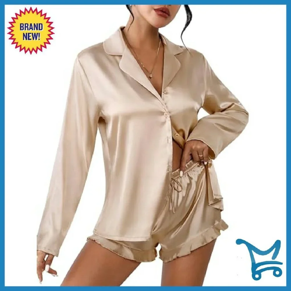 Silky Satin Pajama Set Long Sleeve Top Shorts Lounge Sleepwear